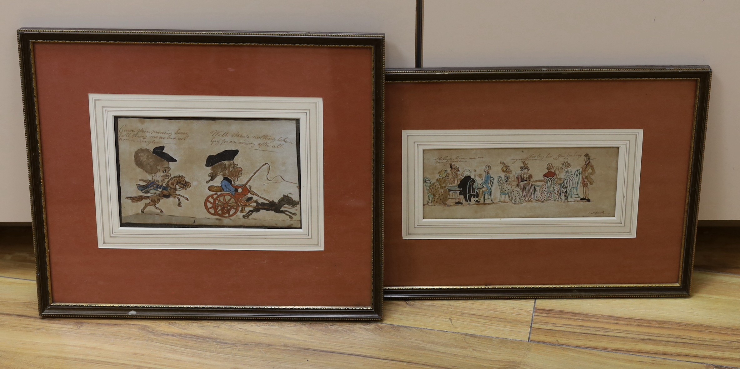 Two 18th century English ink and watercolour caricatures, one initialled Cal, 7.5 x 19.5cm and 11 x 18cm